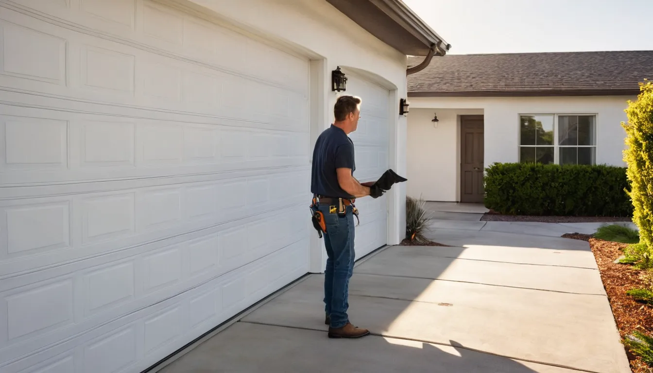 A local provider finishing a new garage door installation on a stucco home in Highland