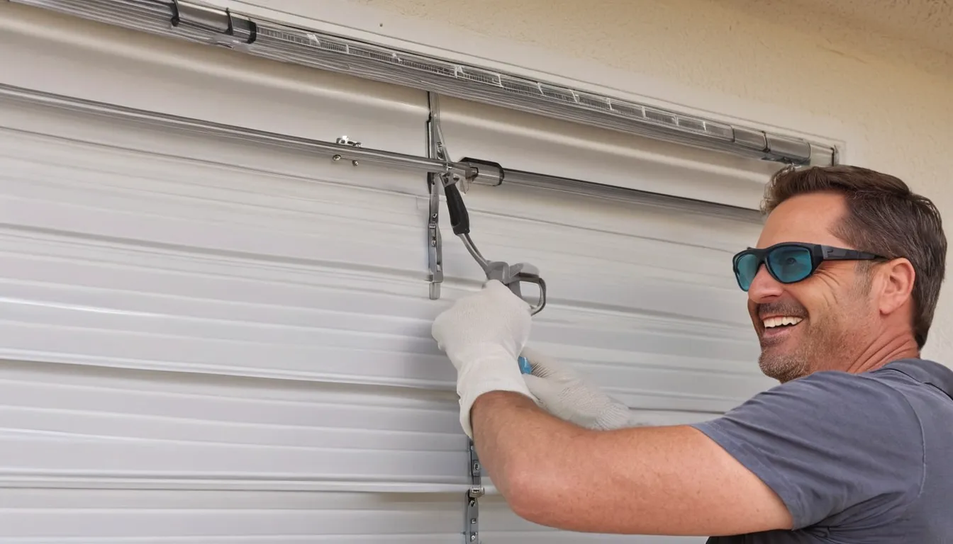 A local garage door provider checking a torsion spring above a residential garage door in Highland