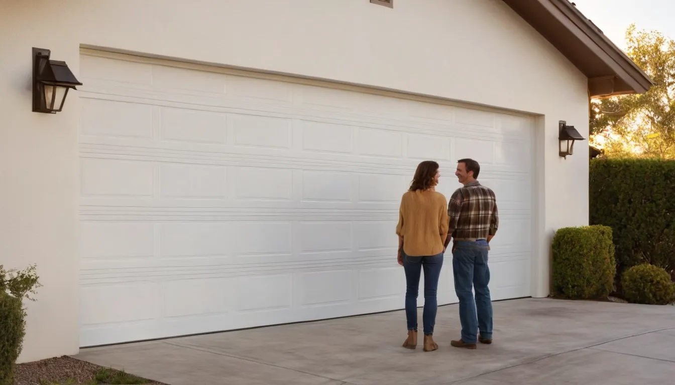 A homeowner in Highland looking at a garage door with a friendly local provider